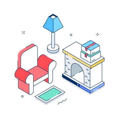 Bayram şöminesi. Şenlikli dekorasyonlar ve hediyeler. Modern izometrik çizimler.