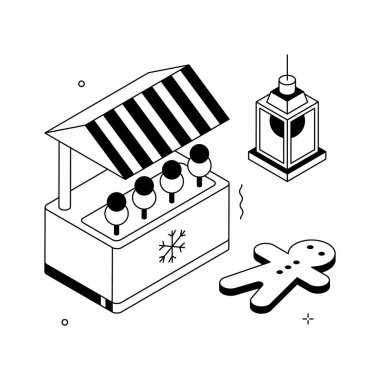 Kış pazarı ürünleri ve hediyeler satan tezgah, izometrik illüstrasyon