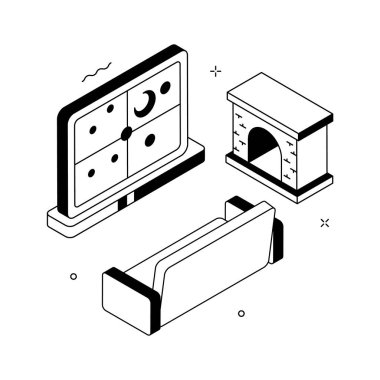 Sıcak şömineli ve yıldızlı bir pencereli Noel gecesi, son moda izometrik illüstrasyon