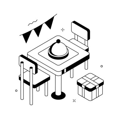 Neşeli bir Noel akşamı için dekorasyonlu şenlikli akşam yemeği, izometrik çizim