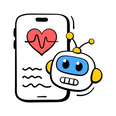 Hasta sağlığı verilerini izleyen yapay zeka tıbbi asistanının moda el çizimi simgesi