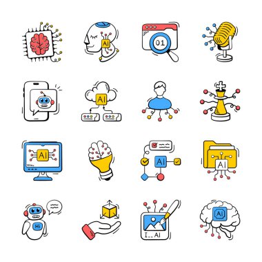 Bir dizi yapay zeka karalama stili el çizimi simgeleri, trend vektörler paketi