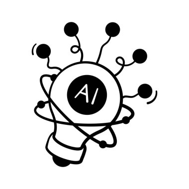 Özenle tasarlanmış yapay zeka ampulünün el çizimi ikonu gelecekteki zeki fikirleri temsil ediyor.