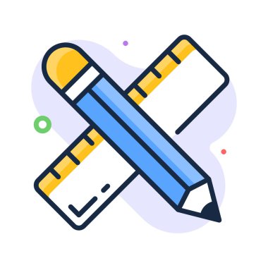 Yazı, çizim ve temel okul araçlarını sembolize eden kalem ve cetvel düz ana hatlı vektör