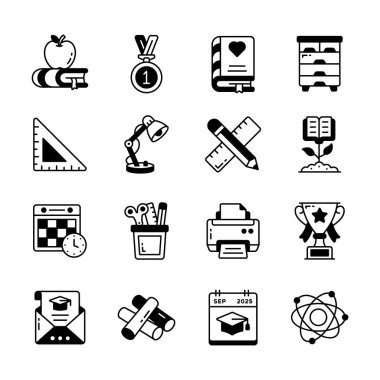 Yaratıcı olarak hazırlanmış okul ve eğitim düz ana hatları simgeleri belirlendi