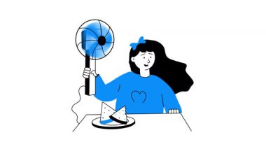 Elinde elektrikli vantilatör tutan bir kadın, sıcak yaz vektörü animasyonu