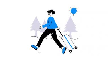 Bavullu bir adam modern tarzda seyahat animasyonu çiziyor.