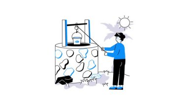 Bir adam kovadaki suyu modern tarz vektör animasyonundan çıkarıyor.