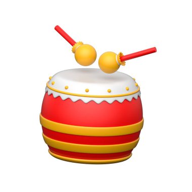 Geleneksel Çin davulu, çubuklu 3D illüstrasyon, prim kullanımına hazır.