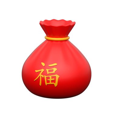 Altın sikke dolu kırmızı çanta ve şans için Fu sembolü.