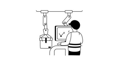 LCD ekran üretimine odaklanmış otomatik bir robotik kol montaj hattının canlandırılmış simgesi