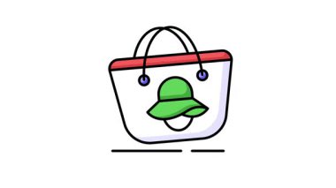 Plaj çantasının güzel dizayn edilmiş ikonunda güneş kremi, havlu ve atıştırmalık gibi temel şeyleri sahile taşımak için kullanılan bir çanta veya çanta görülüyor.