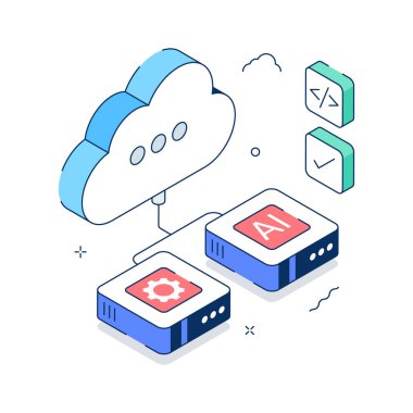 Bulut tabanlı yapay zeka hesaplama ve veri işleme izometrik illüstrasyonu