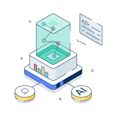 ai analitiği ve veri analizinin izometrik bir çizimi
