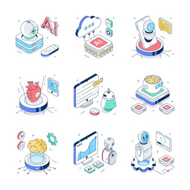 Akıllı teknoloji ve robotların izometrik çizimlerini gösteren el yapımı bir paket.
