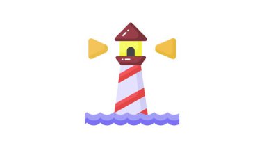 Denizdeki gemileri uyarmak ya da yönlendirmek için fener ışığı içeren bir kule. Deniz fenerinin iyi tasarlanmış ikon animasyonu.