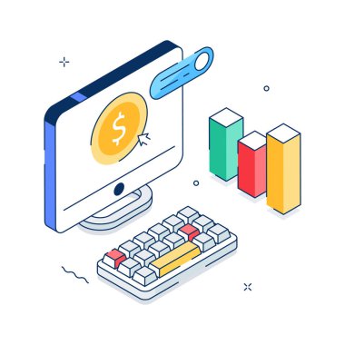 Çevrimiçi finans için izometrik moda, tıklama başına ödeme çevrimiçi pazarlama