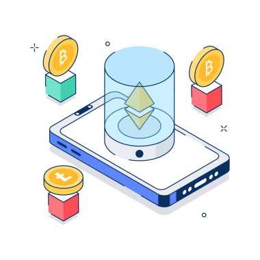Bitcoin, Ethereum ve mobil cüzdan ile kripto izometrik illüstrasyon.
