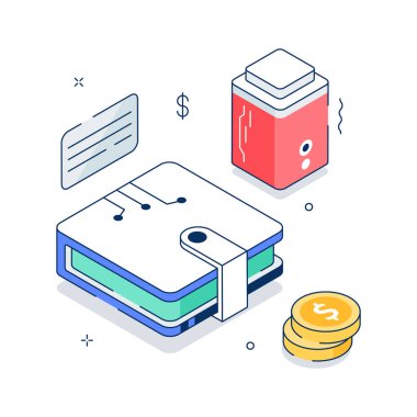 Güvenli dijital cüzdanlar ve çevrimiçi ödemeler, modada izometrik illüstrasyon