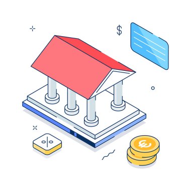 Banka inşaatı ve finans kurumlarının yaratıcı bir şekilde izometrik çizimi