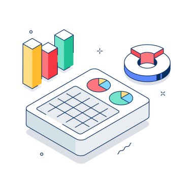 Grafikli iş veri tablosu, veri analizinin premium izometrik çizimi