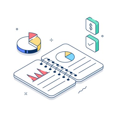 Modern tarzda finansal analizlerin izometrik illüstrasyonunu kullanmaya hazır