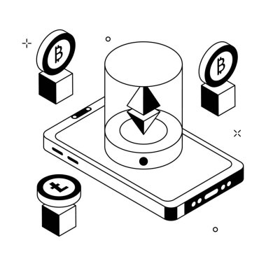 Bitcoin, Ethereum ve mobil cüzdan ile kripto izometrik illüstrasyon.