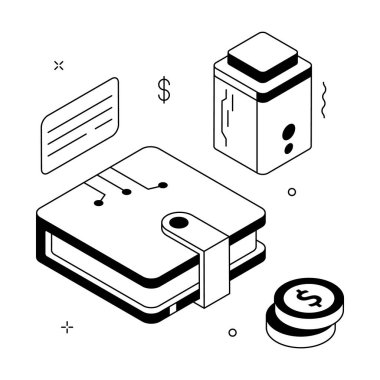 Güvenli dijital cüzdanlar ve çevrimiçi ödemeler, modada izometrik illüstrasyon
