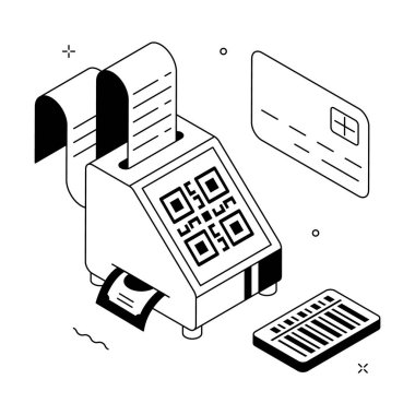 QR tabanlı nakitsiz ödeme terminalinin modaya uygun bir izometrik illüstrasyonu