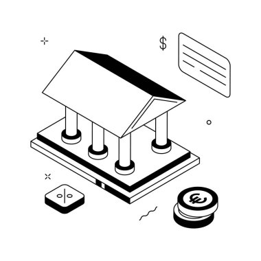 Banka inşaatı ve finans kurumlarının yaratıcı bir şekilde izometrik çizimi