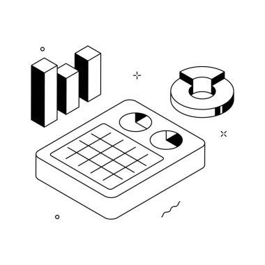 Grafikli iş veri tablosu, veri analizinin premium izometrik çizimi