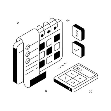 Finansal planlama ve gider yönetimi için kullanılan bütçe araçlarının modern izometrik illüstrasyonu