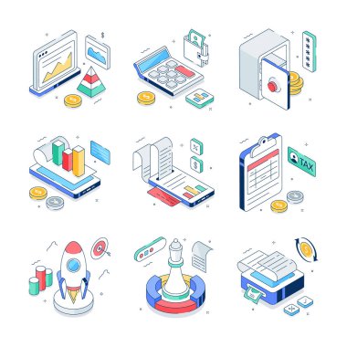 Moda tarzında inanılmaz bir izometrik finansal yönetim seti