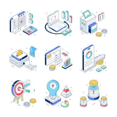 Dijital Finans ve Bankacılık Isometric Illustrations paketi, düzenlenmesi kolay