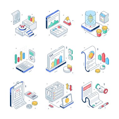 Görsel olarak cazip bir iş analizi ve yatırım izometrik çizimler ayarlandı