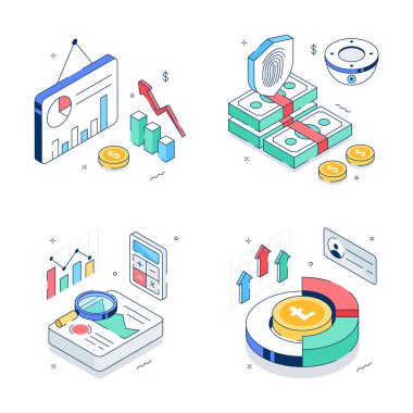 Beyaz arka planda izometrik finans ve muhasebe çizimleri gözalıcı.