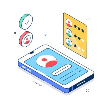 Kullanıcı incelemelerinin izometrik stil illüstrasyonu, müşteri incelemeleri