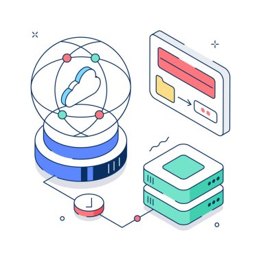 Küresel veri bağlantısının ve dünya çapındaki ağ iletişiminin Isometric illüstrasyonu.