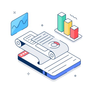 Çizelgeler, grafikler ve veri içgörüleriyle iş raporunun izometrik bir çizimi