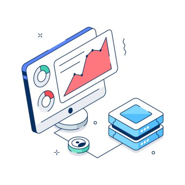 Veri sunucu analizi ve premium vektörünün izometrik illüstrasyonunu kullanmaya hazır