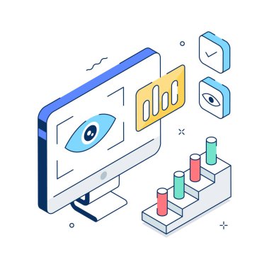 Veri görselleştirmesinin stilize edilmiş izometrik çizimi, premium vektör