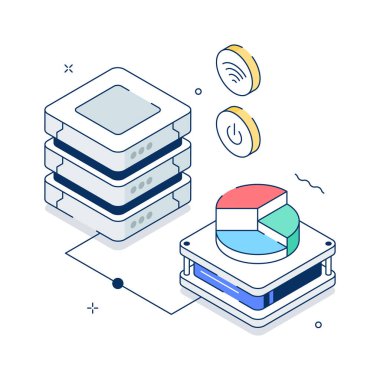 Dijital depolama ve performans analizlerini temsil eden veri grafikleriyle sunucu yığını.