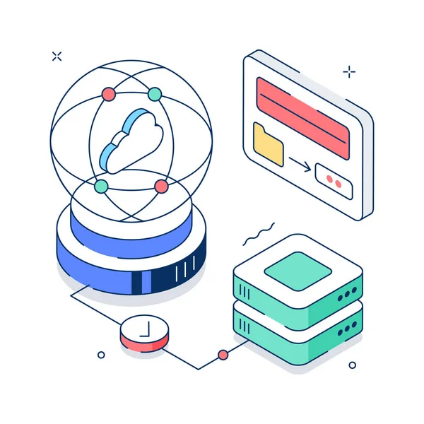 Küresel veri bağlantısının ve dünya çapındaki ağ iletişiminin Isometric illüstrasyonu.