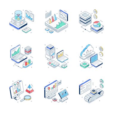 Veri analizi ve istatistiklerin görsel olarak çekici izometrik çizimleri