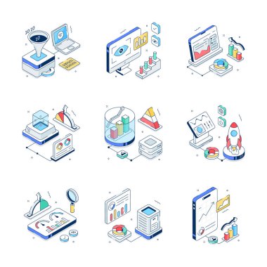 Yaratıcı olarak hazırlanmış veri analizi izometrik çizimler ayarlandı