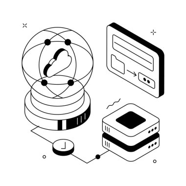 Küresel veri bağlantısının ve dünya çapındaki ağ iletişiminin Isometric illüstrasyonu.