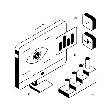 Veri görselleştirmesinin stilize edilmiş izometrik çizimi, premium vektör
