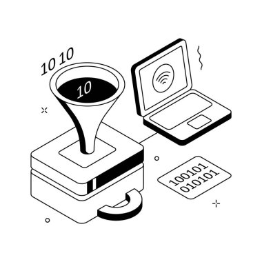 Dikkatlice tasarlanmış bu veri hunisi izometrik illüstrasyonuna bir bakın.