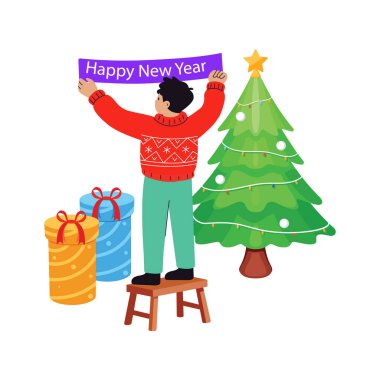 Yeni yıl tatili için ev dekorasyonunun düz çizimi