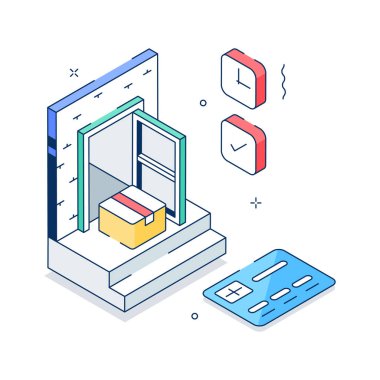 İşte kapı teslimatının modern bir izometrik çizimi, ev teslimatı konsepti